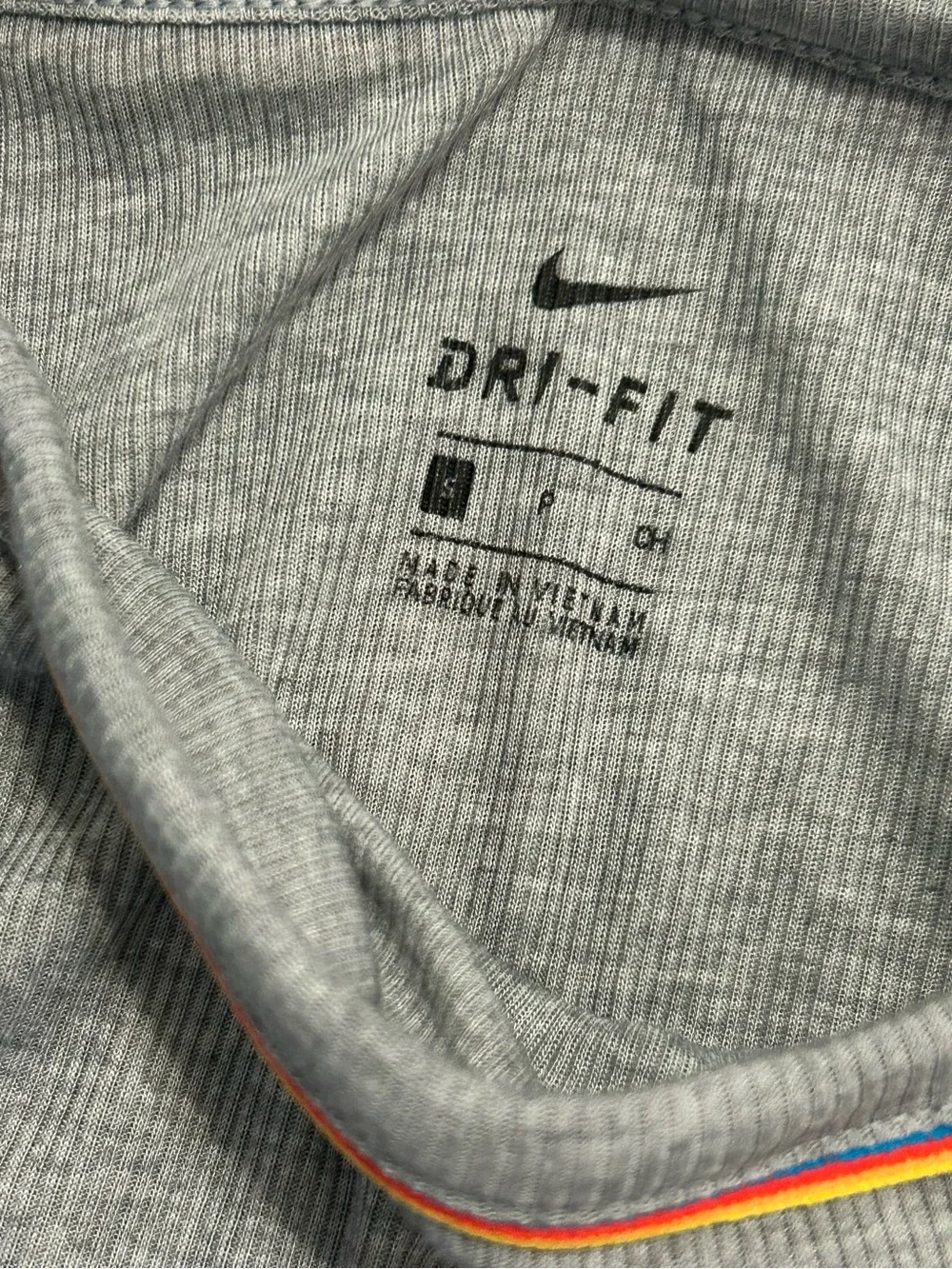 sold. Nike Gray Ribbed Dri-FIT Tank with Rainbow Trim